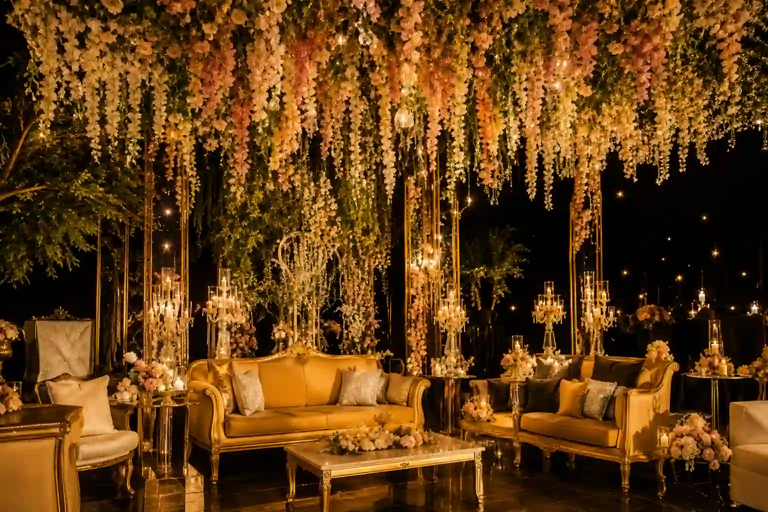 Golden wedding lounge setup
