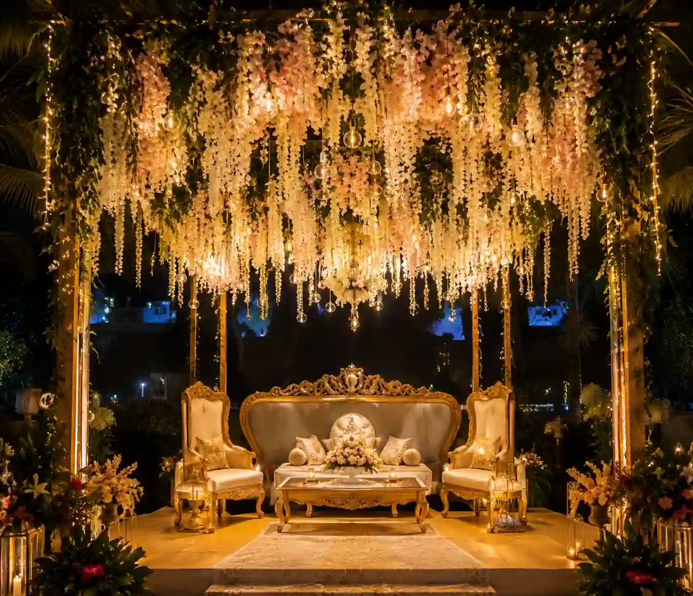 Golden wedding stage decor
