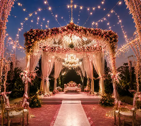 Wedding decor entrance with warm lights