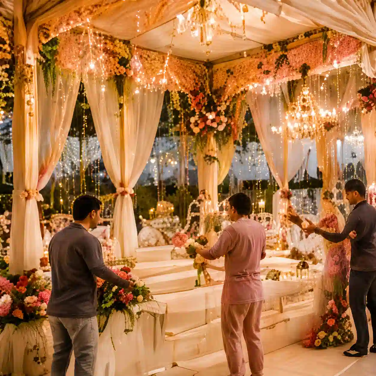 Wedding stage setup preparation by team