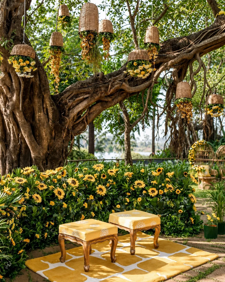 Terrace decor with open seating and fairy lights