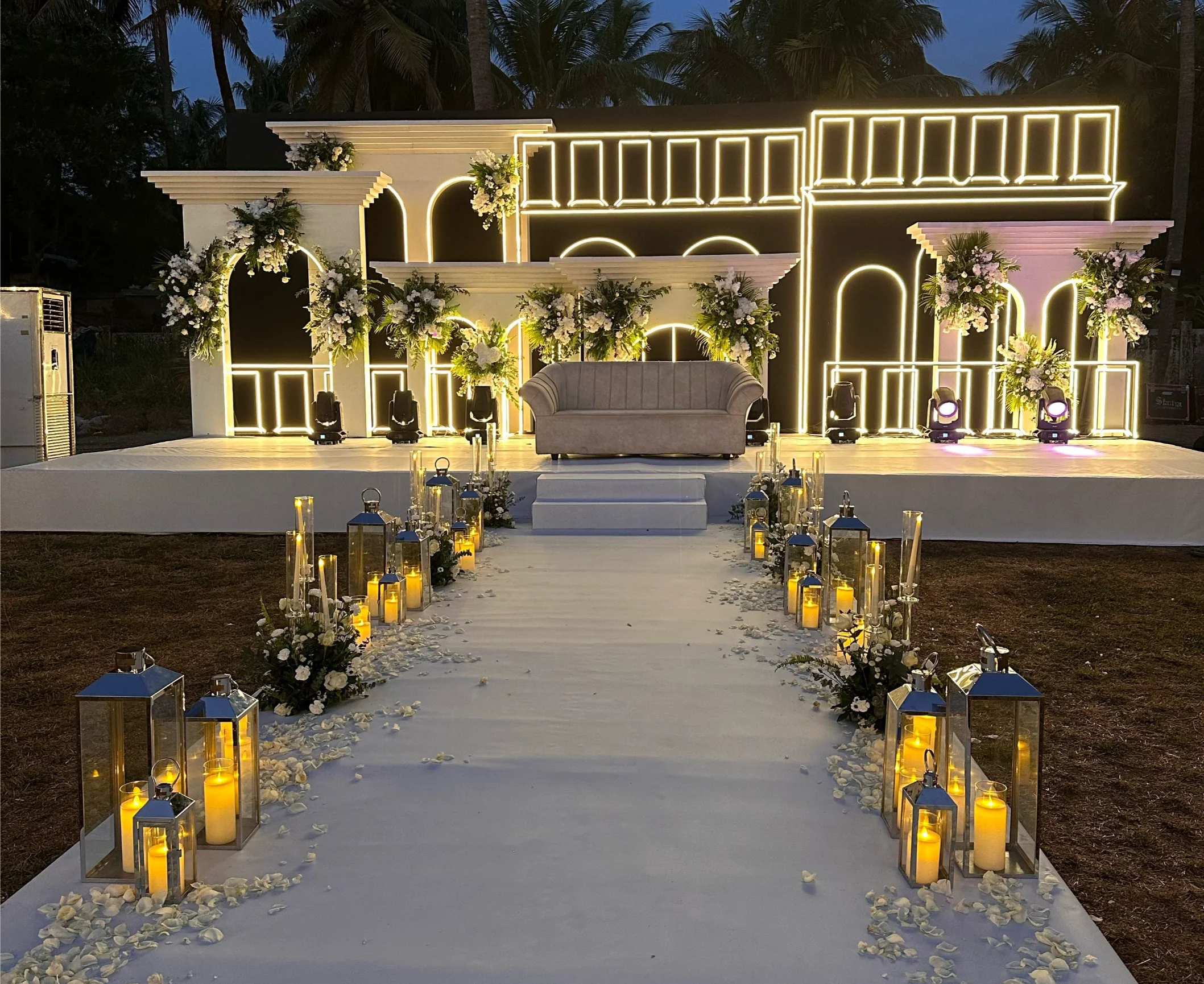 Grand wedding reception stage and lounge setup