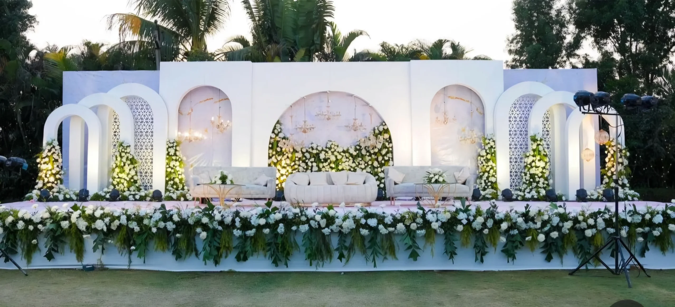 Luxury wedding stage decor with warm lights