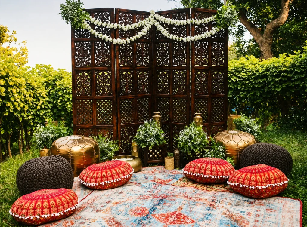 Mehendi setup with colorful floral styling