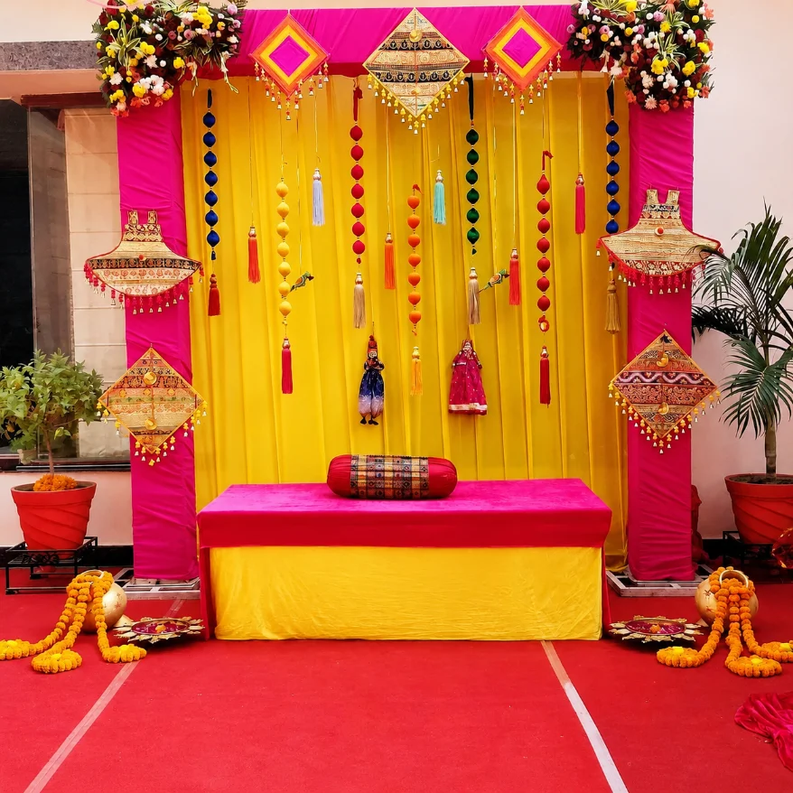 Haldi decor with yellow flowers and seating